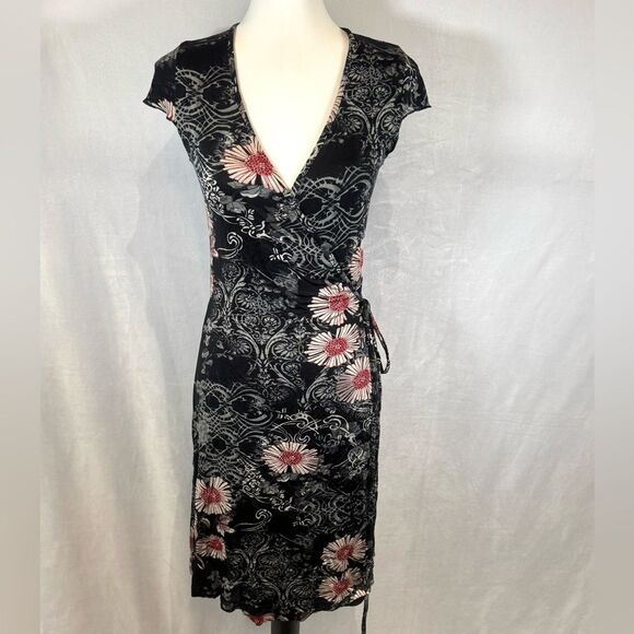 Vintage Avalanche black floral true wrap midi dress size 3 - Picture 1 of 7